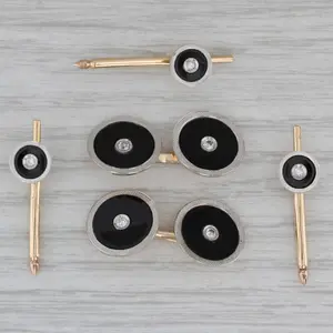 5 Piece Set Cufflinks Shirt Studs 14k Gold Platinum Onyx 0.21ctw Diamond