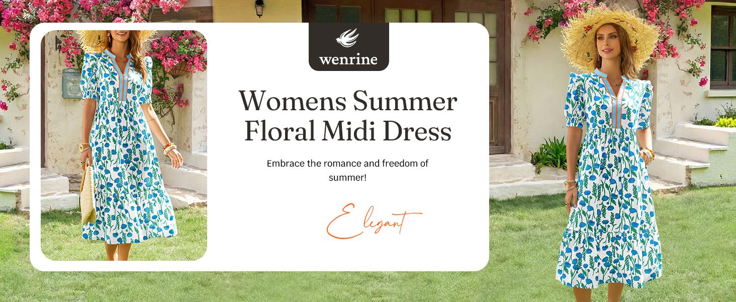 Wenrine Women's Summer Midi Dress Casual Floral Puff Short Sleeve V Neck Swing Flowy Boho Beach Dresses with Pockets
