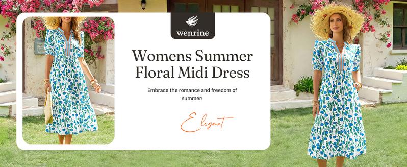 Wenrine Women's Summer Midi Dress Casual Floral Puff Short Sleeve V Neck Swing Flowy Boho Beach Dresses with Pockets
