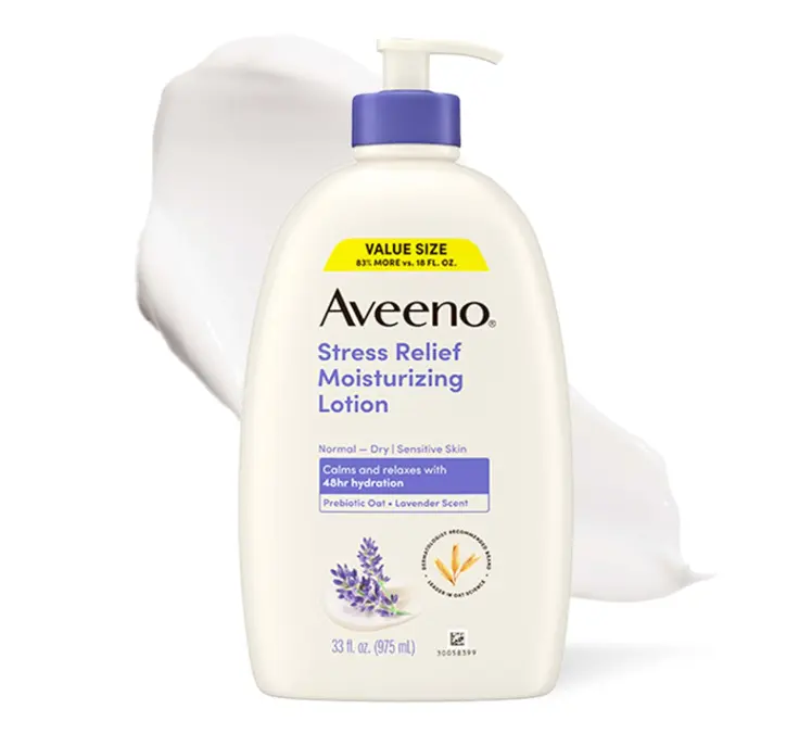 Aveeno Stress Relief Moisturizing Body Lotion, Lavender Scent with Prebiotic Oat for Sensitive Skin, Lightly Scented Lotion with 48-Hour Hydration, Fast Absorbing, Non-Greasy, Value Size 33 Fl Oz