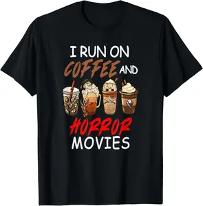 I Run on Coffee And Horror Movies Scary Blood Halloween Summer Casual Shortsleeve Cotton T-Shirt