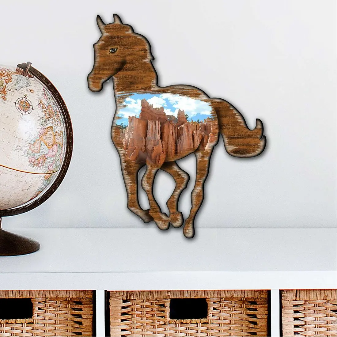 Designocracy 8198155-2M Handcrafted Art Wildlife Horse Wood Collectibles, 12x9 in. Hangable Outdoor Garden Decor, Wall Hanging Home Supplies, Christmas Tree Ornaments