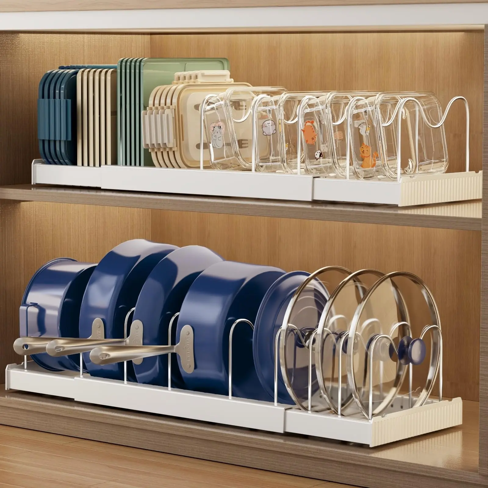 2 Pack Pots and Pans Organizer Under Cabinet, 22" Expandable Food Storage Container Lid Organizers with 9 Adjustable Dividers Pot and Pan Lid Holders Rack Inside Cabinet/Countertop