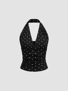 Cider Cotton-blend Halter Cowl Neck Polka Dot Ruched Top