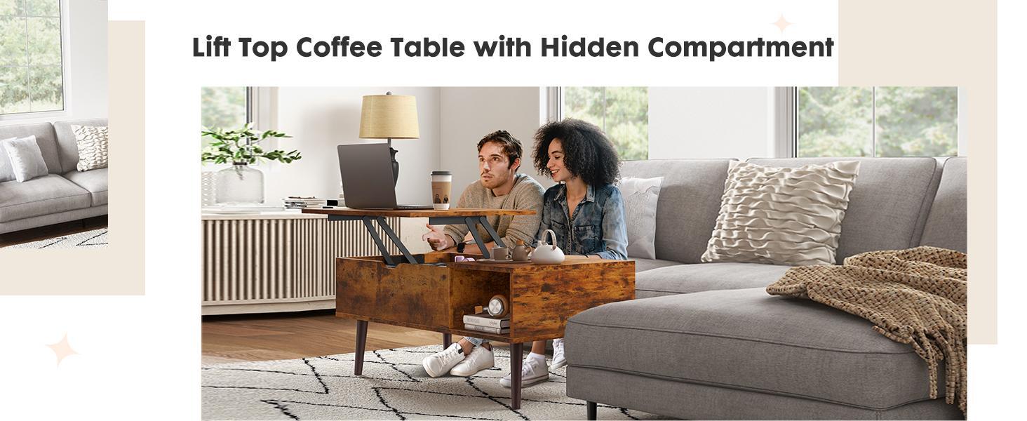 Coffee Table, Lift Top Coffee Tables for Living Room, Rising Tabletop Wood Dining Center Tables with Storage Shelf and Hidden Compartment