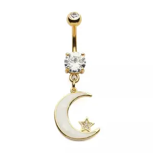 White Opalite Crescent Moon Dangling Belly Button Ring - Gold Plated 316L Stainless Steel