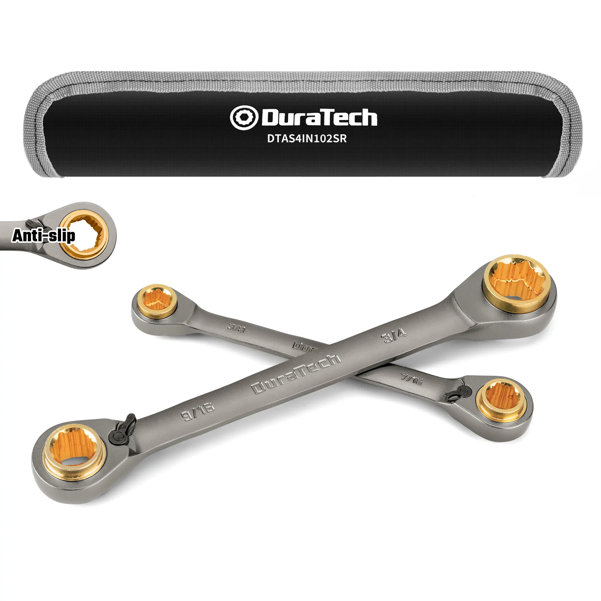 #backtoschool DURATECH Anti-slip 4-in-1 Reversible Ratcheting Box Wrench Set, Double Box End, SAE, 2-Piece, 5/16, 3/8, 7/16, 1/2 & 9/16, 5/8, 11/16, 3/4-Inch, CR-V Steel, Nickel Plated, with Rolling Pouch