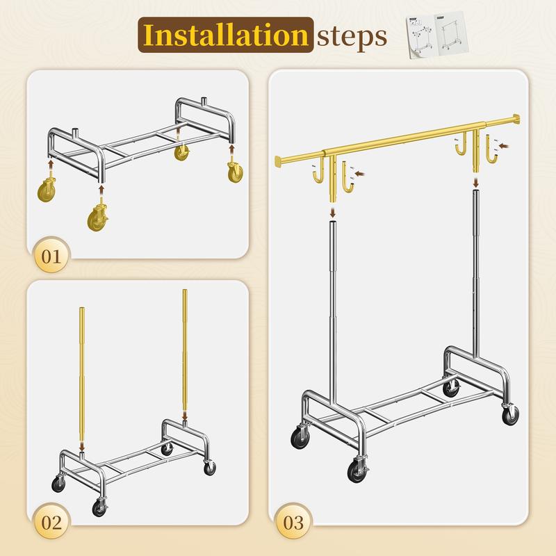 Raybee Furniture Clothes Rack for Hanging Clothing Rack with Hooks, Extendable & Height Adjustable Coat Rack, Heavy Duty Clothes Racks Holds Up to 440LBS, Portable Rolling Garment Rack with Lockable Wheels & 4 Hooks, Chrome【Gift Ideas】