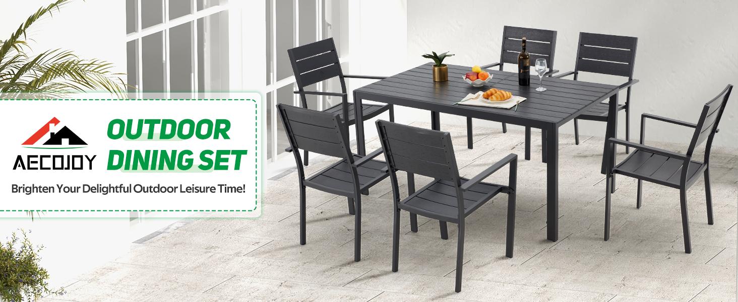 AECOJOY 7 Piece Outdoor Dining Set, 60" x 36" Aluminum Frame, Wood-Plastic Tabletop, 150 lbs Capacity, Adjustable Feet Pad, Spacious Design Metal Patio Kit