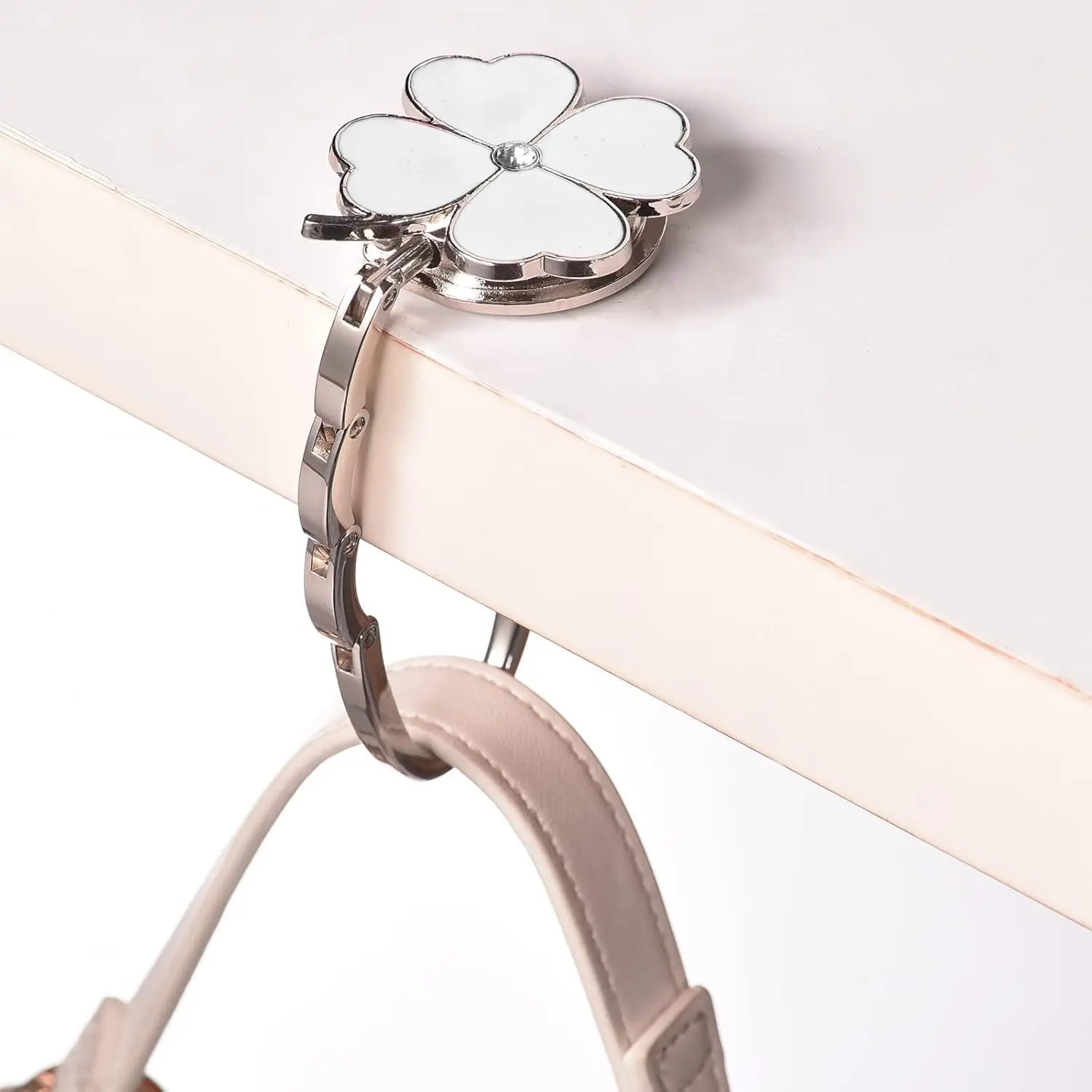 Clover Design Foldable Portable Purse Hook Handbag Holder for Table, Desk & Countertop. Strong Magnetic Bag Hanger Keeps Bags Off Dirty Floors; Ideal for Cafe, Restaurant, Office & Travel