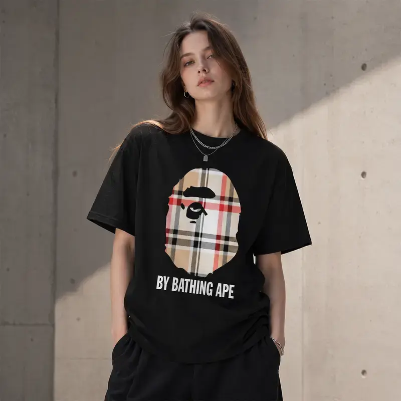 TRENDING 2026 Plaid Pattern Tee Short Sleeve Crew Neck Casual Summer T-Shirt with Ape Head Graphic