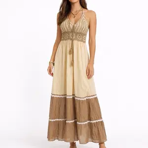 Bohemian Lace Trim Halter Maxi Dress