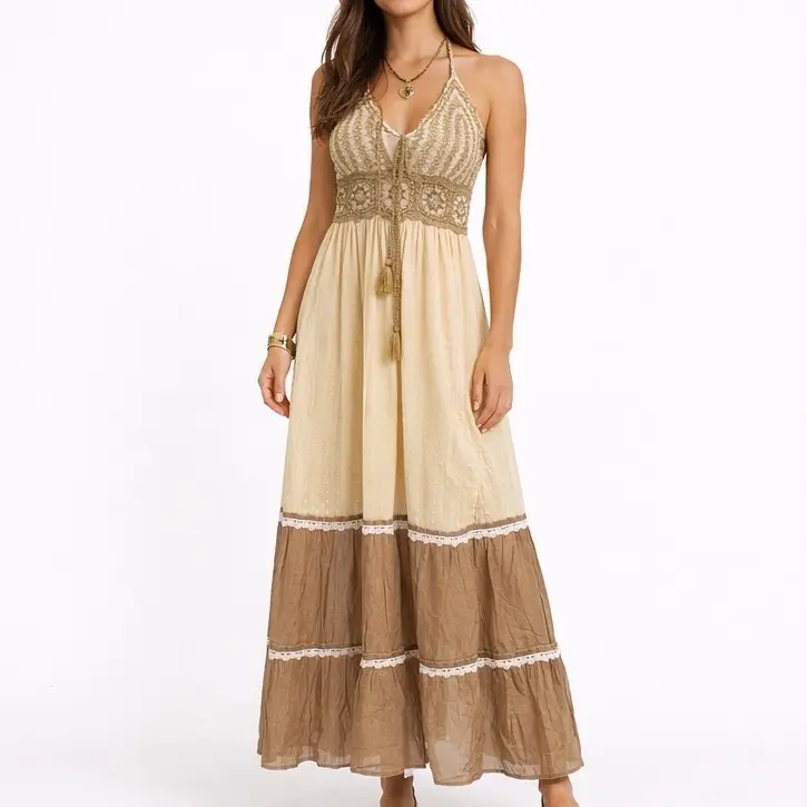 Bohemian Lace Trim Halter Maxi Dress - TikTok Shop
