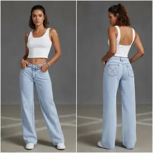 Fashionable women's straight-leg jeans, stretchy and comfortable fit, classic snow-washed design, suitable for everyone