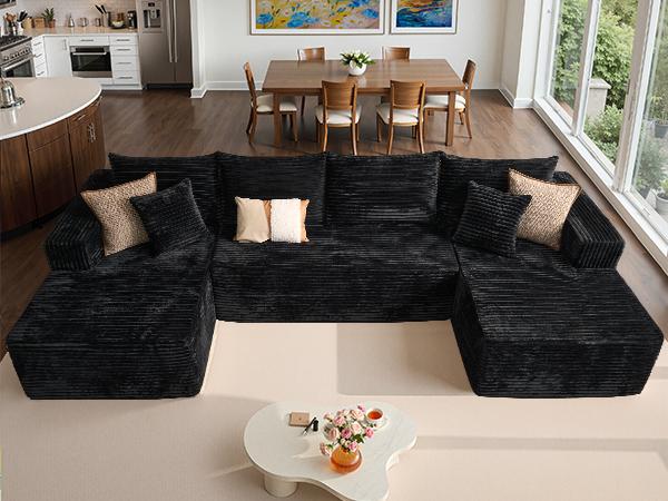 135" Oversized U Shaped Cloud Couch Sectional Sofa with Chaise Modern Modular Sofa with Lounge Chairs Upholstered Boneless Couches for Living Room Bedroom Plush Corduroy Fabric【3 Packages Shipping】