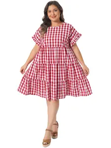 Agnes Orinda Plus Size Gingham Dresses for Women 1950s Plaid Round Neck Ruffle Sleeve Tiered Babydoll Midi Dress with Pocket
