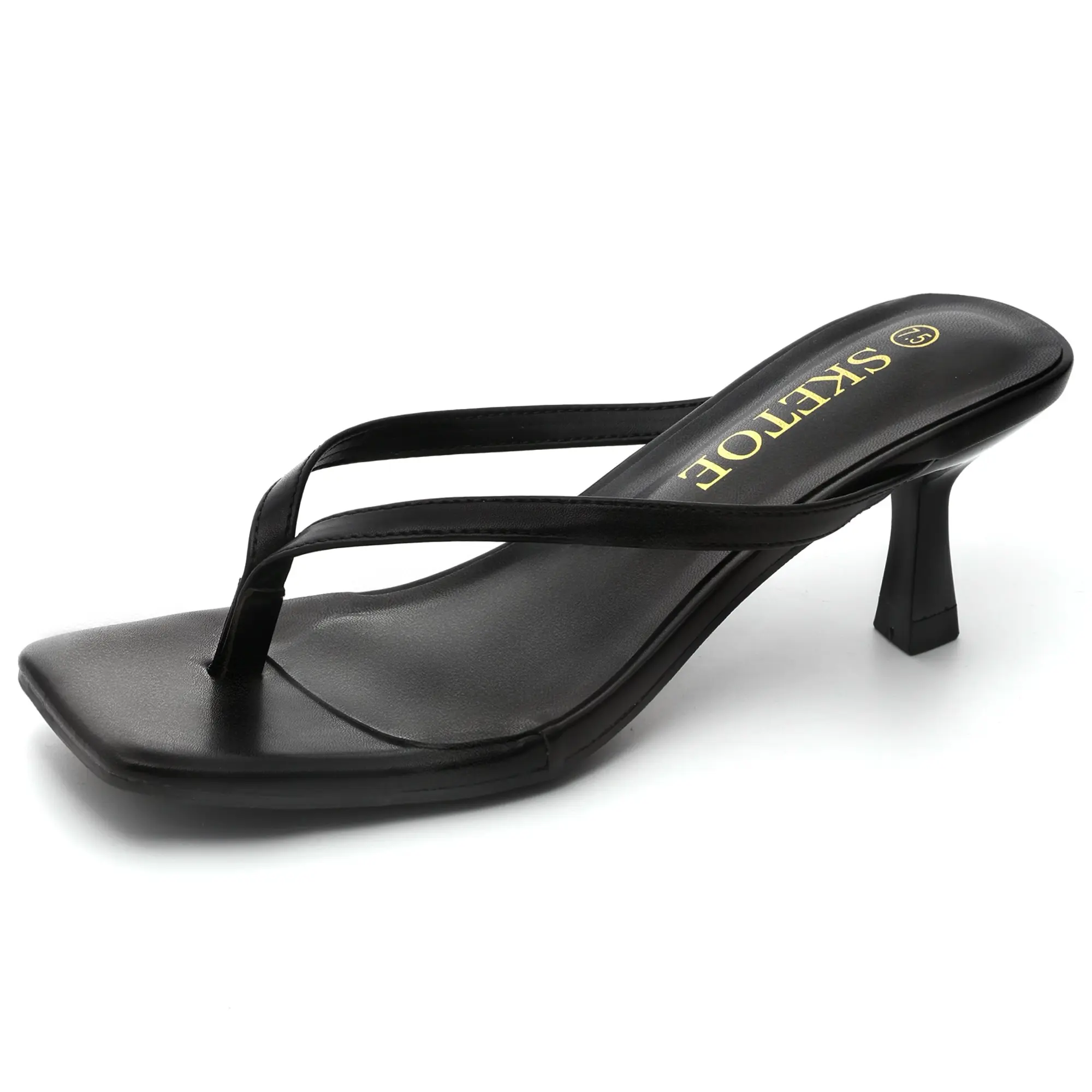Black Kitten Heels for Women - Square Toe Flip Flop Thong Heels, 2 Inch Low Heels, Soft Vegan Leather, Memory Foam Padding, Trendy 2026 SummerVibes Cute Comfy Beach Heels for Casual, Commuter,  Wedding & Dressy Occasions,Slides a Kitten Heel Long Feet.
