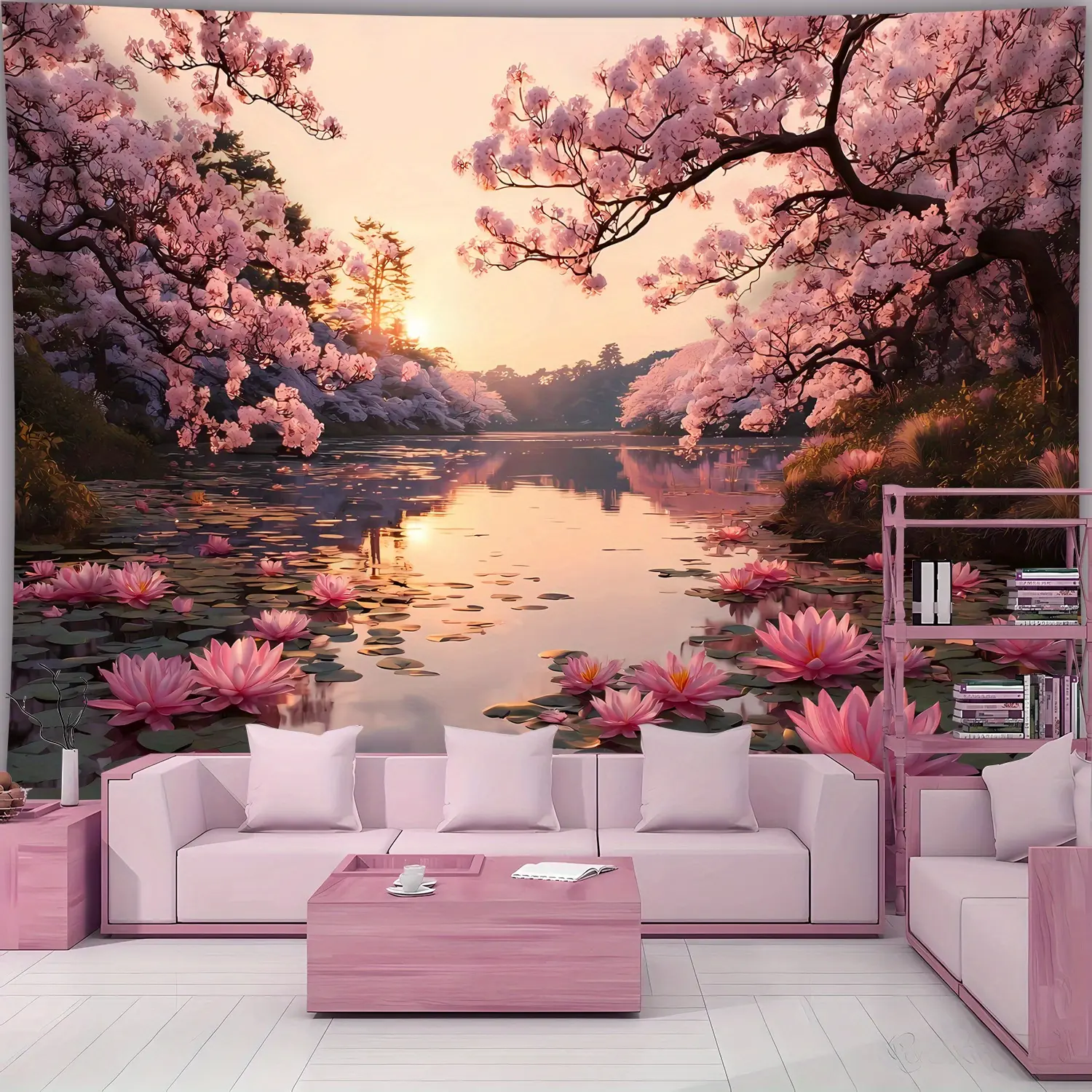 1-Piece Extra Large Polyester Contemporary Flower Pattern Tapestry - Lotus & Buds Cherry Blossom Lake Landscape Wall Mural, High-Definition Hanging Cloth, Machine Washable House Decor for Bedroom, Living Room, Decor Inspo