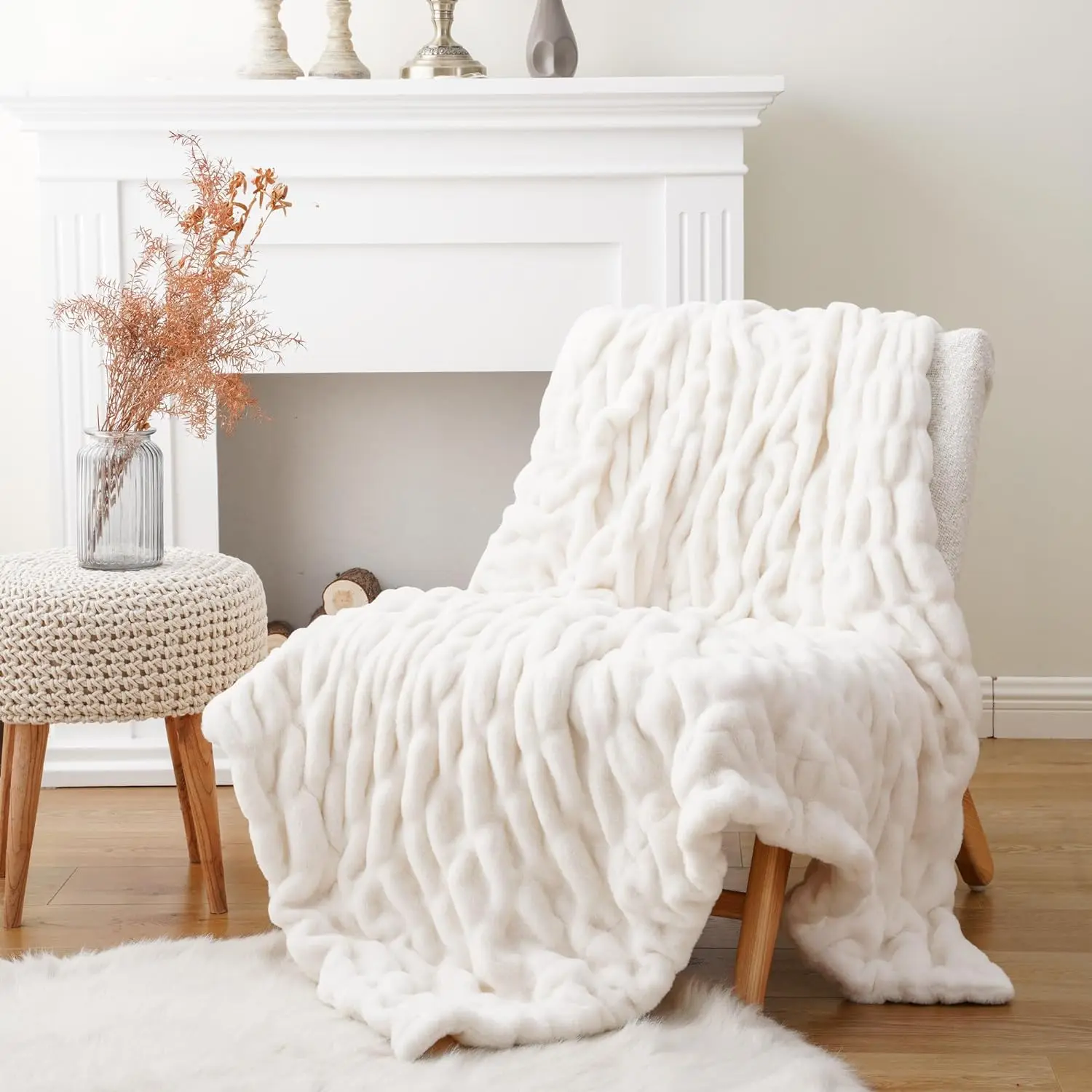Battilo Soft Cream Faux Fur Throw Blanket - Elastic Double-Side Ruched Edges, 50"x60" Ivory, Classy Look, Cozy Warmth, Ideal for Indoor/Outdoor Use, Birthday Gifts, Microfiber Poly
