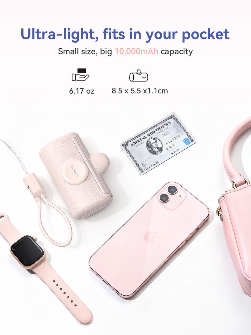 RORRY PalmGo Portable Charger 10000mAh Fast Charging Small Power Bank Travel Essential Battery Pack for iPhone 17/16/15/14/13/12/11 Series and Apple Watch Ultra/11/10/9/SE iPad Android Switch Valentinesdaygift
