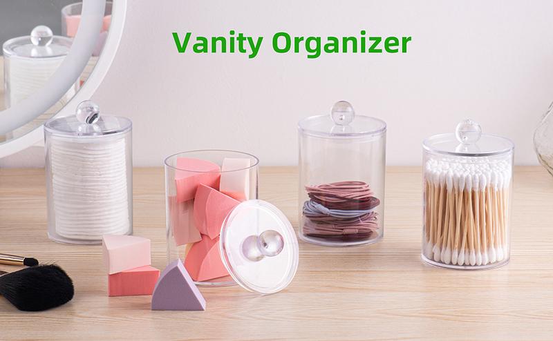 4pcs Swab Holder & Organizer Box - Clear Plastic Jars with Pre-Printed Cotton Balls, Cotton Swabs, Floss Picks & White Labels - Dustproof & Stylish Bathroom Storage