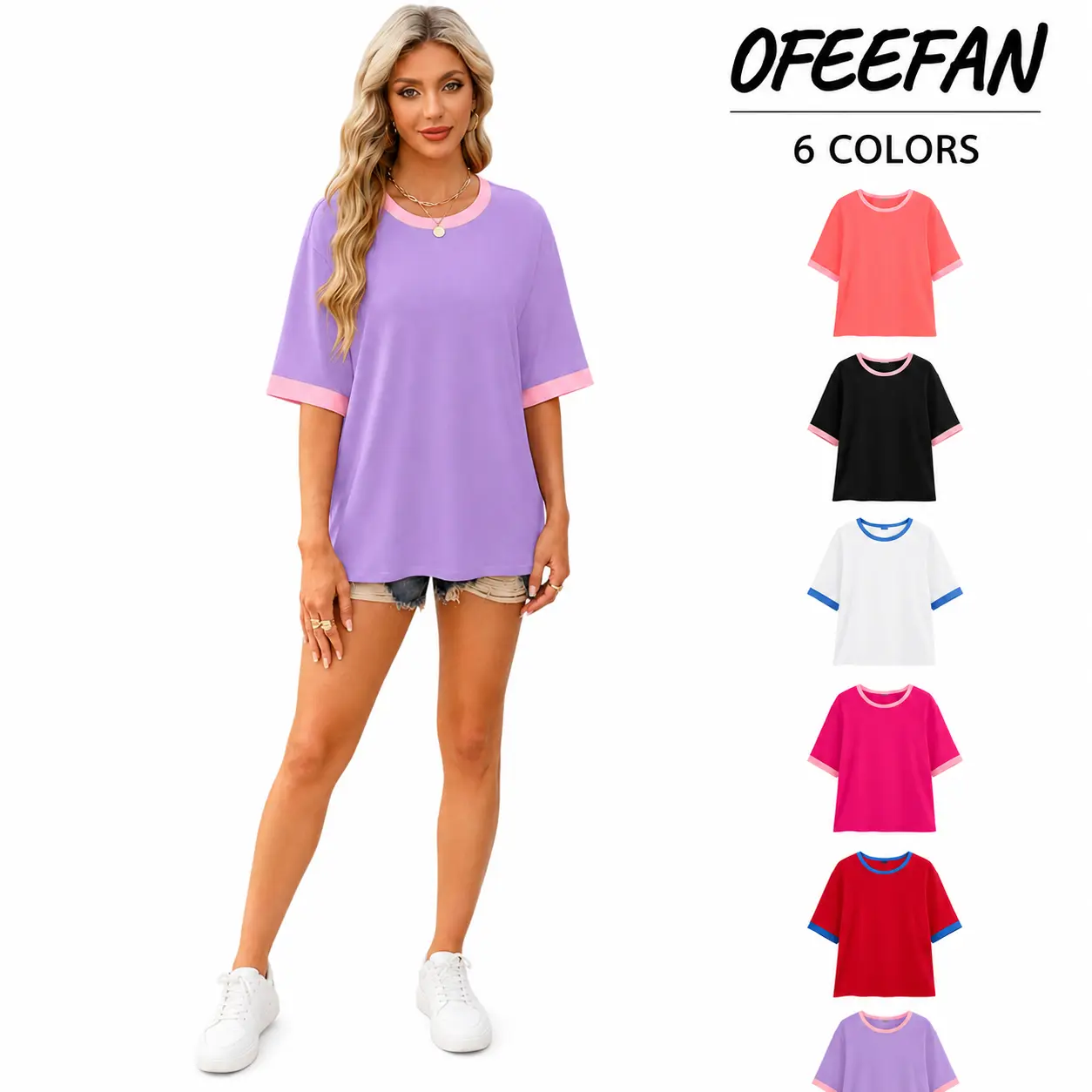 OFEEFAN Summer Tops for Women 2026 Short Sleeve Shirts Dressy Casual Crew Neck Tshirts Fashion Oversized Oversized Womenswear Crewneck