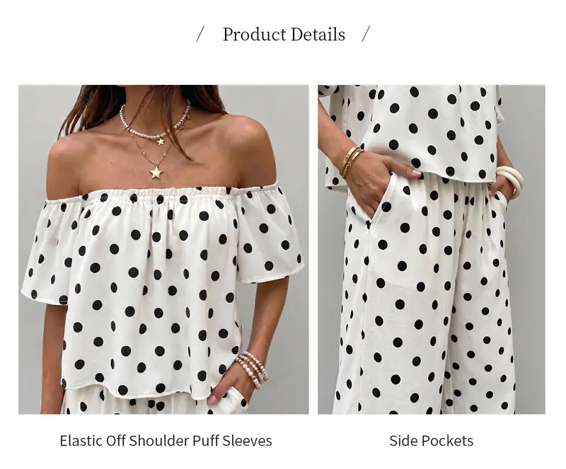 Chicovar Women's Polka Dot Off Shoulder 2 Piece Set, Puff Sleeves Cropped Top, High Waist Wide Leg Pants with Pockets, Lined, Slimming, Casual, Date, Beach Vacation Outfit Sets, Lounge Sets, Summervibes,sohochic