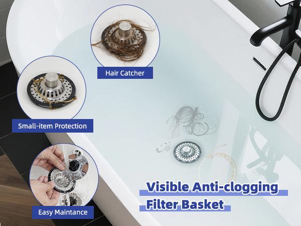 Hibbent Bathtub Drain Stopper with Visible Top Hair Catcher, Innovative 3 in 1 Pop-up Bathtub Strainer Fit for Standard 1.5 to 2.4in Drain Hole, with Detachable Stainless Steel Filter Basket, Chrome