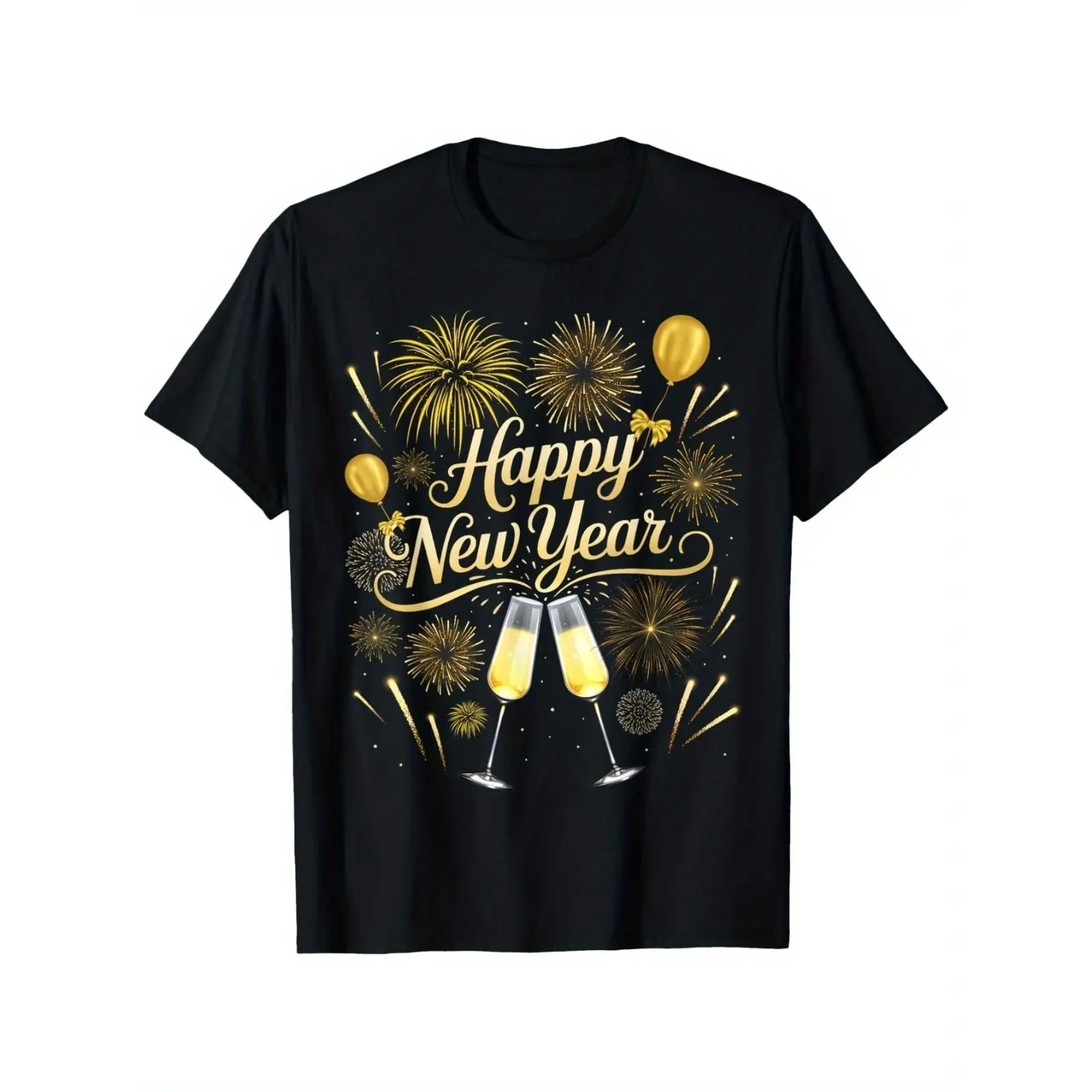 NYE 2026 Matching Group T-Shirt, Unisex Casual Soft Smooth Cotton Short Sleeve Crew Neck Shirt with Golden Fireworks & Champagne Print