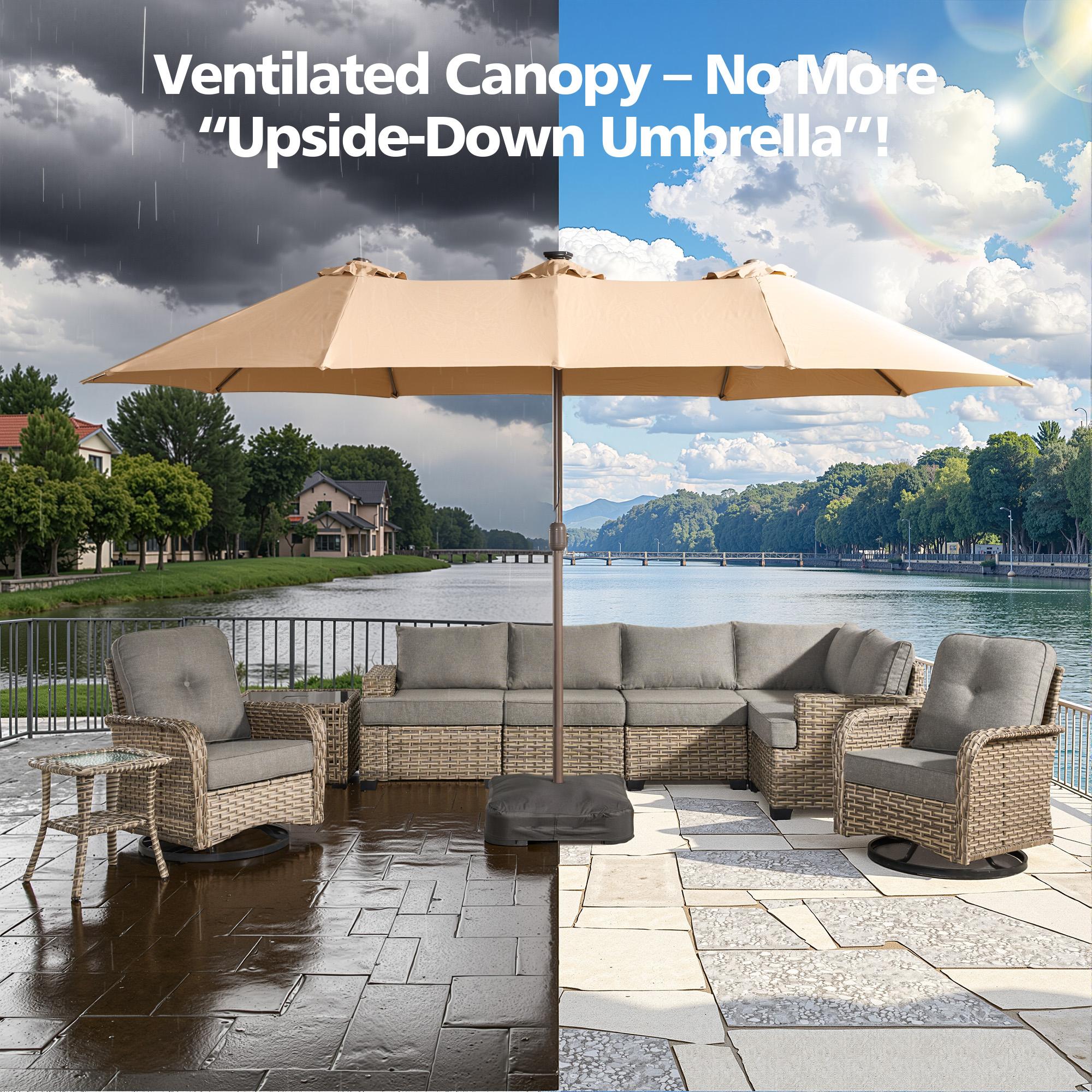 [March Clearance Price] OOSWIFT 14.5 ft Large Patio Umbrella with Solar LED Lights & Base, Extra Large Outdoor Twin Umbrella w/36 Lights, for Patio Garden Pool Lawn Backyard, Base Included, Sunshade Canopy