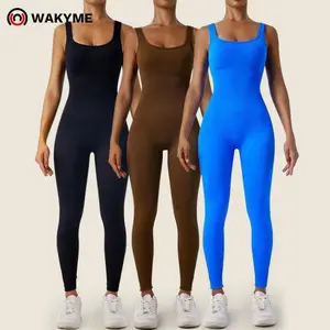 Women's V-Back Scrunch Rib-Knit Sleeveless Seamless Jumpsuit, Womenswear Tummy Control Hollow-Out Back Ribbed Jumpsuit, Daily Wear and Workout Jumpsuit