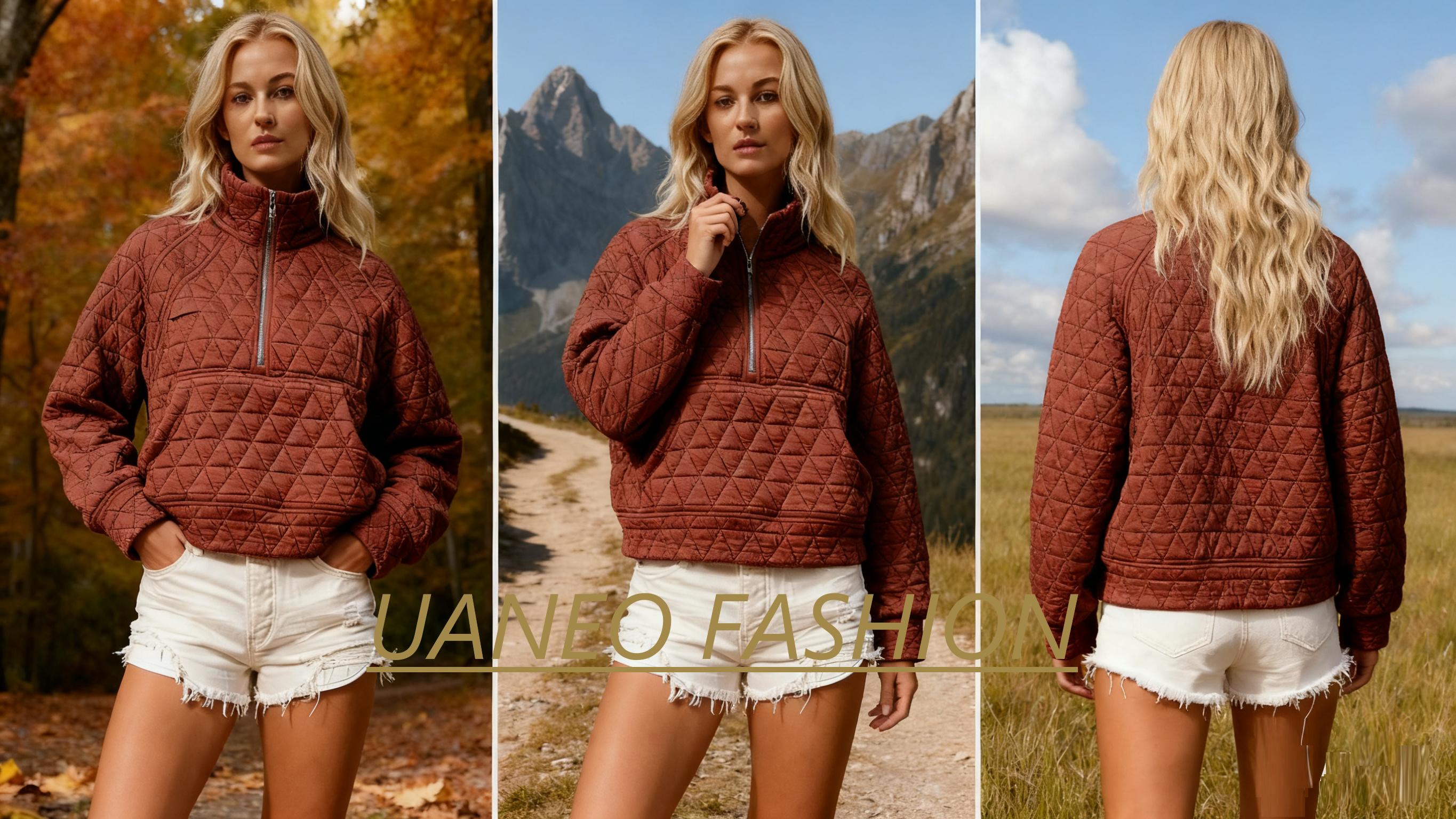 UANEO Women's Quilted Puffer Jacket Half-Zip Pullover Sweatshirt Long Sleeve Lightweight Fall Casual Oversize Warm Outerwear