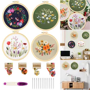 4 Sets Floral Embroidery starter Stitching Kit for Beginners-Cross Stitch Tools for DIY Crafts,Cotton Cloths,Hoops,Threads,Needles,sewing Gift