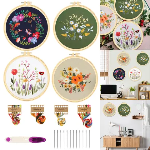 4 Sets Floral Embroidery starter Stitching Kit for Beginners-Cross Stitch Tools for DIY Crafts,Cotton Cloths,Hoops,Threads,Needles, sewing Gift