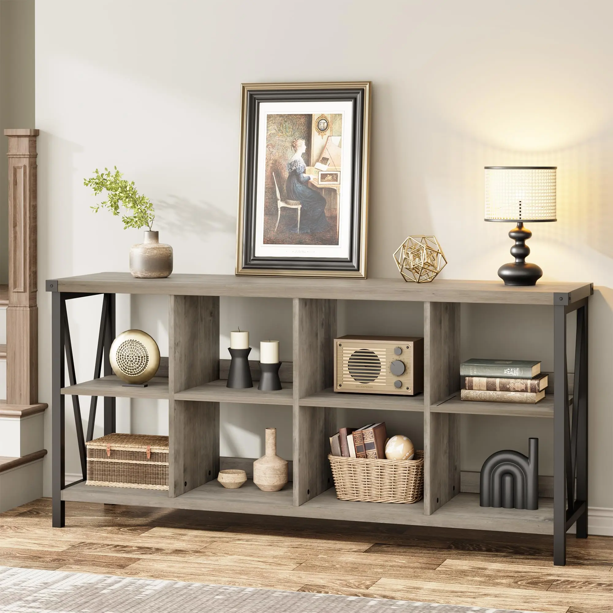 【GARVEE】8 Cube Storage Organizer Bookshelf, 3 Tier Metal Horizontal Bookcase, 62 Inch Console Bookshelf, Industrial Storage Bookcase for Entryway, Long Low Bookshelves for Living Room-Grey