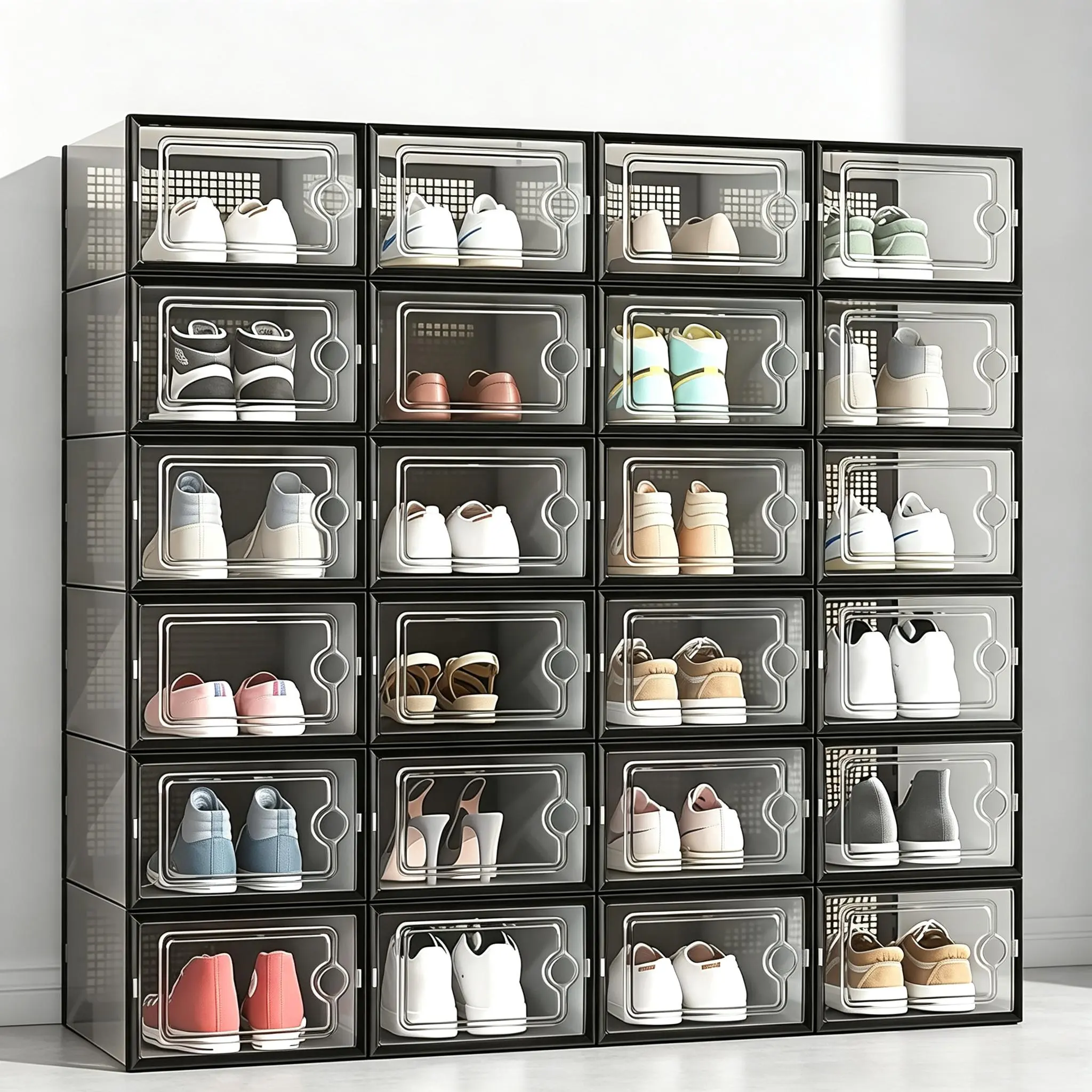 Clear Stackable Shoe Boxes Foldable Plastic Shoe Organizer Storage Bins with Dustproof Cover Display Case Perfect for Sneakers Heels Closets Stackable Space Saving Containers 13.4x10.2x6.7in