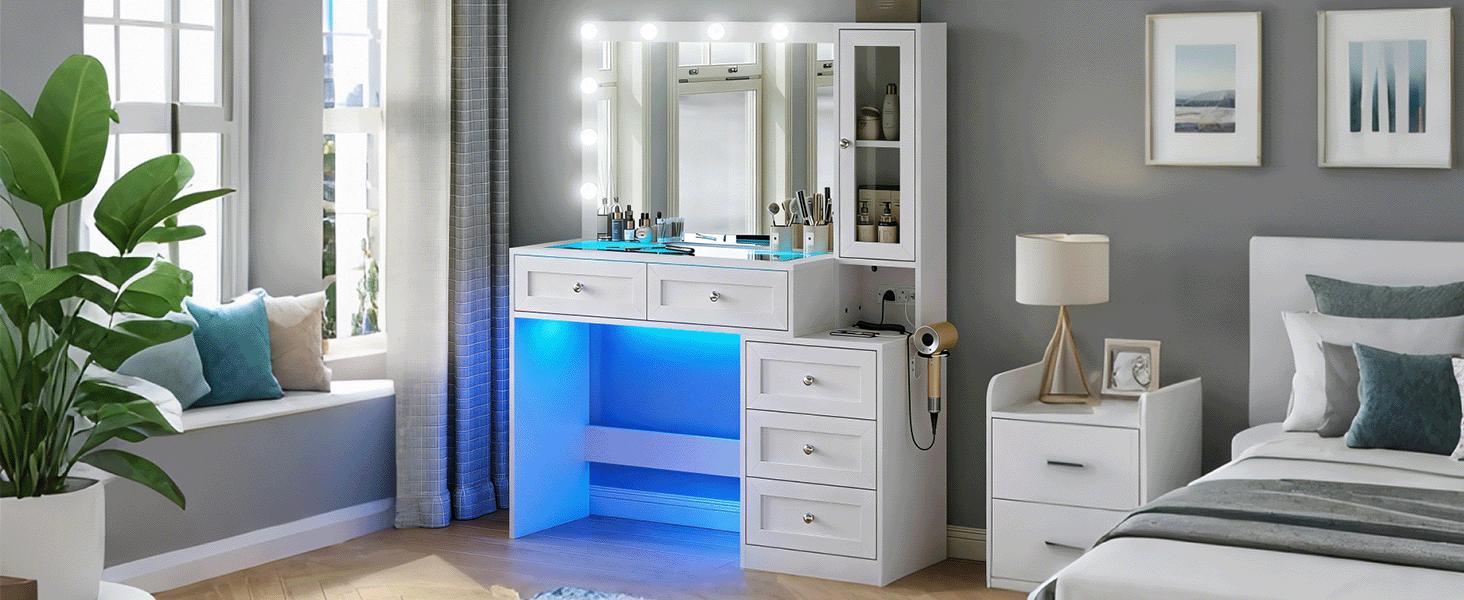 43" W Vanity Desk with Mirror & 11 Lights,Modern Makeup Desk with 5 Drawers,3 Lighting Modes Brightness Adjustable,Power Outlet,Bedroom. White Dresser 43" W Vanity Desk with Mirror & 11 Lights,Modern Makeup Desk with 5 Drawers,3 Lighting Modes Brightness Adjustable,Power Outlet,Bedroom. White Dresser