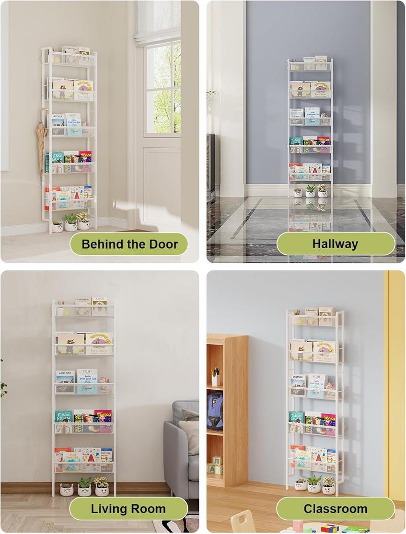 Wall Mounted 5-Tier Bookshelf, Metal Book Rack Organizer for Books, Magazines & Decor, Space-Saving Wall Bookcase for Living Room, Bedroom, Office, White