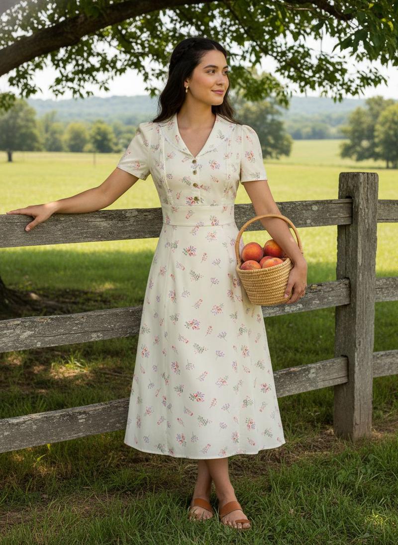 PURE COTTON BEIGE 1940S PUFF SLEEVES FLORAL DRESS Casual Womenswear Cute Summer Fitted Vneck Shortsleeve