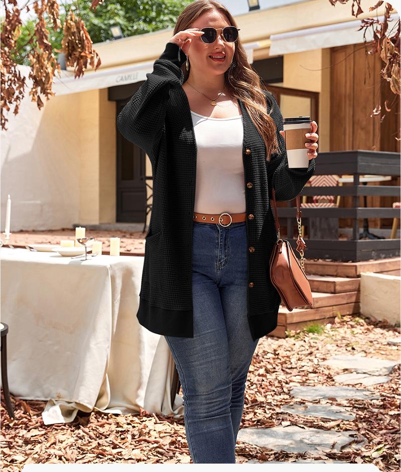 Aleumdr Women's Plus Size Cardigans Casual Long Sleeve Waffle Knit Front Button Tops 1X-5X Soft Breathable Stretchy Skin-Friendly Comfortable Everyday Wear  Knitwear Womenswear Shirts Blouses Basic