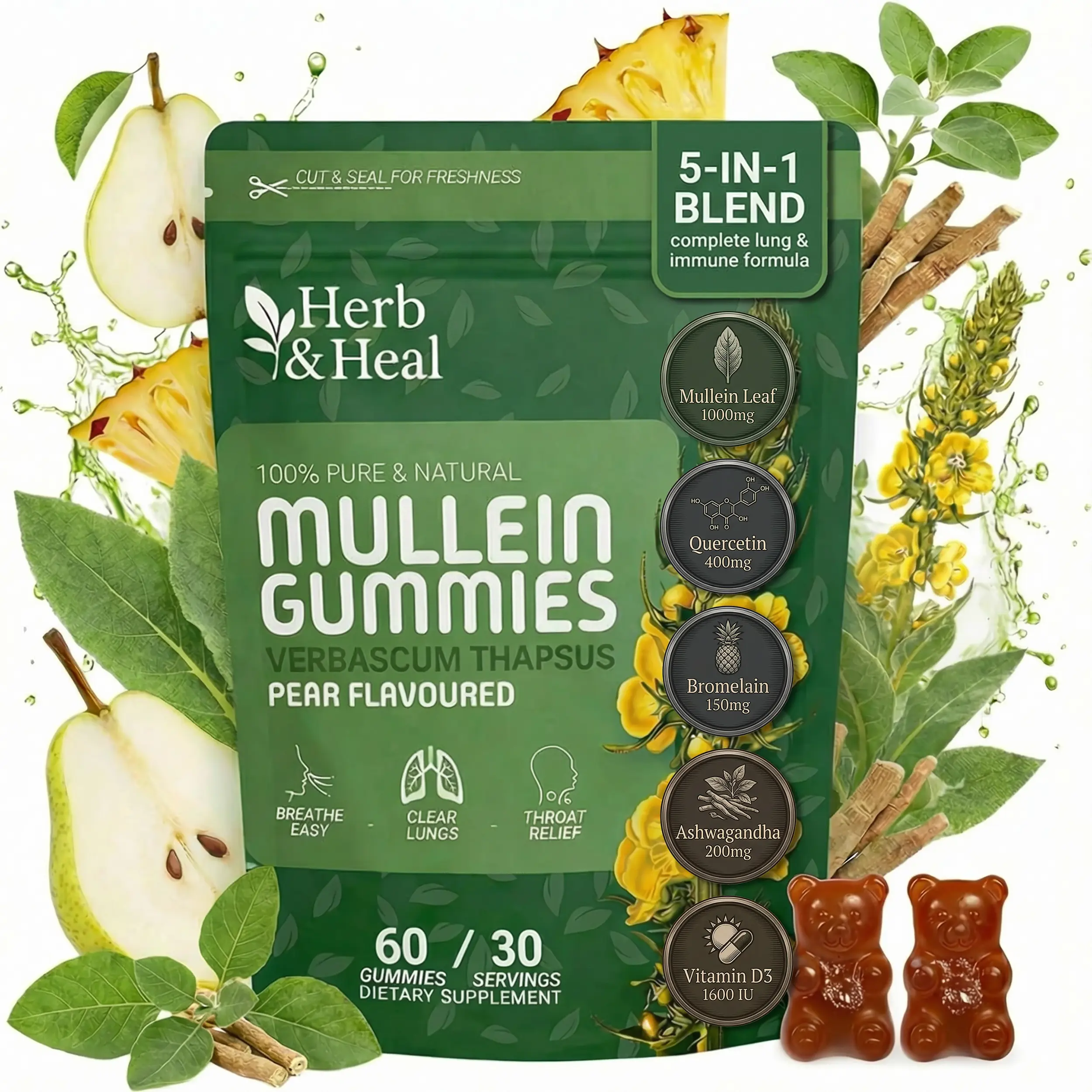 (5-in-1) Organic Mullein Leaf Gummies Dietary Supplement - 1600 IU Vitamin D for Immune Care, Ashwagandha Calms Stress Cycles, Cortisol Support, Gentle Expectorant, Lung Cleanse Detox Breathing Support for Daily Smoke & Dust Exposure - 60 Count