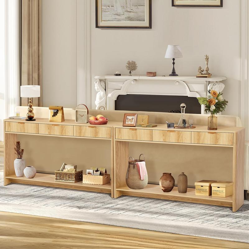 Giratree Narrow Console Table with 2 3 Drawers, Entryway Table with Storage, Table Behind Sofa Long for Living Room TV, Hallway Entrance Foyer, Mid Century Farmhouse Fluted Console Table