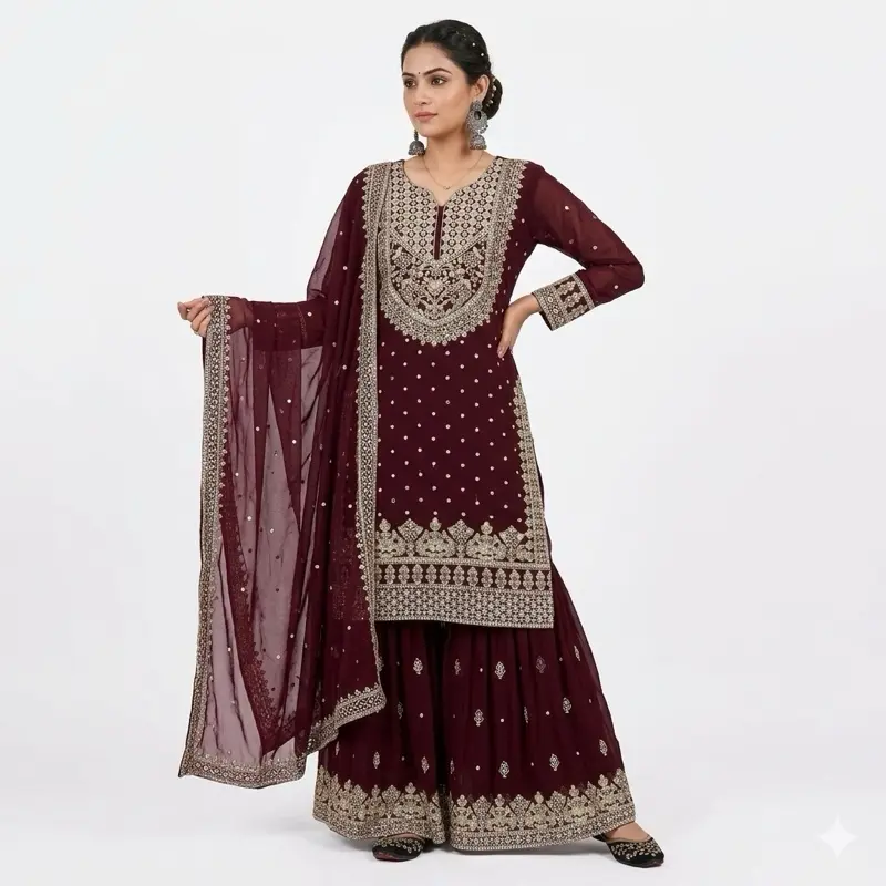 Women's Traditional Maroon Red Long-Sleeve Panjabi Suit - Full Long Drape Modest Islamic Evening Clothes, Women's Clothes for Special Occasions