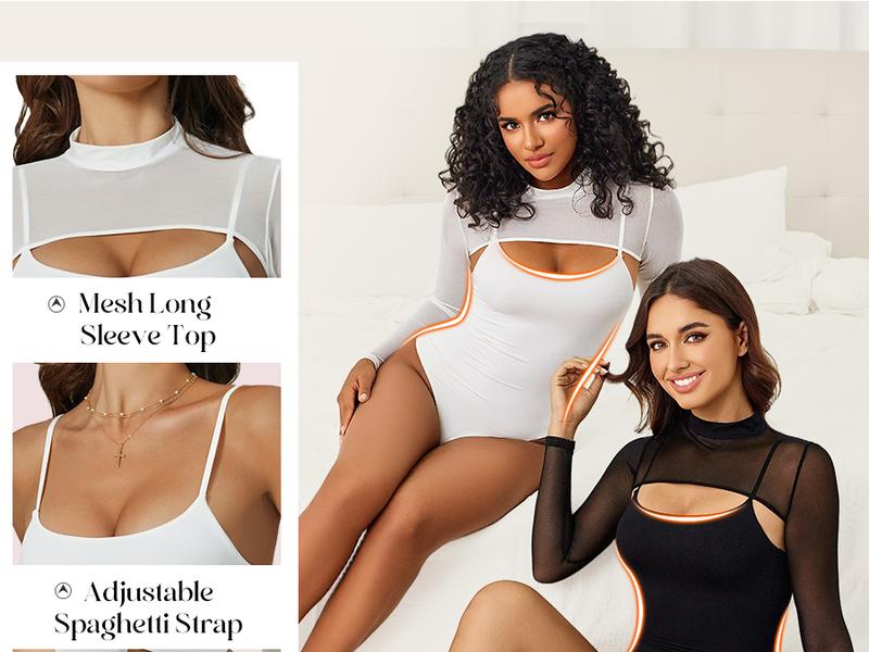 Womens Long Sleeve Bodysuits Mock Turtle Neck Shapewear Bodysuit Sexy Mesh Bodysuit Two Piece Outfit Cami Tops