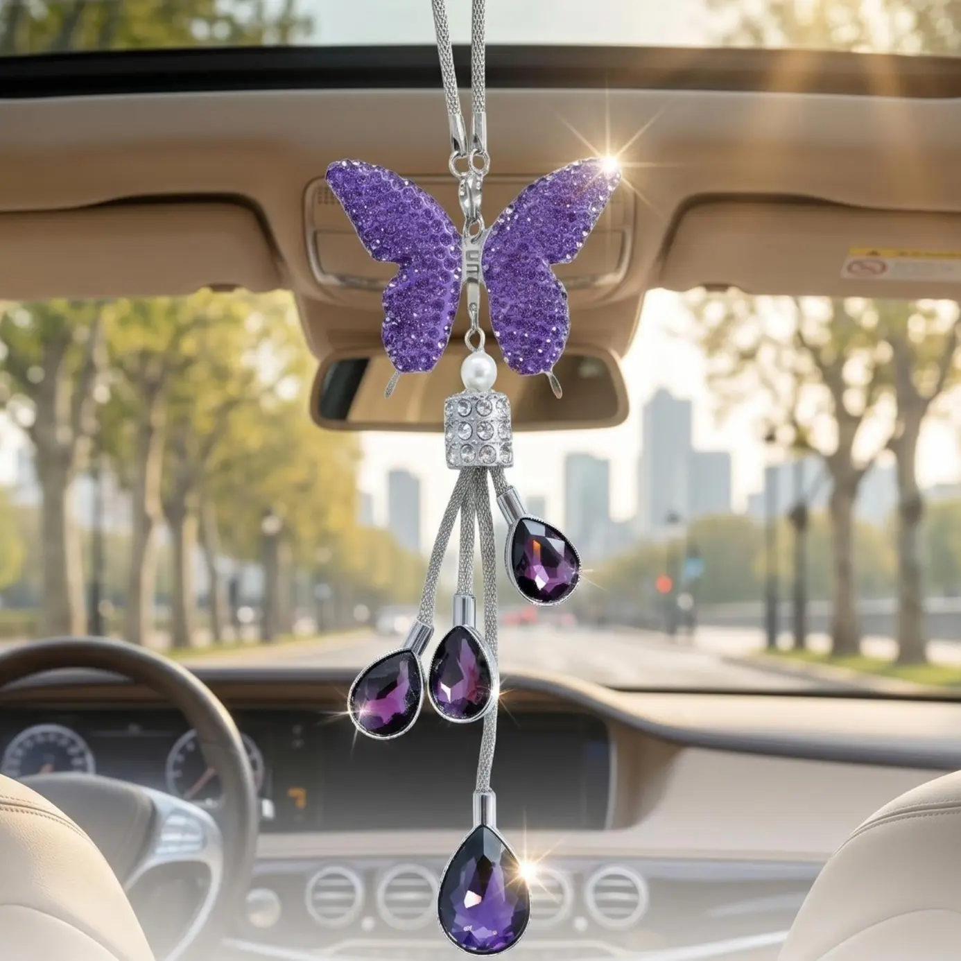 Purple Butterfly Rhinestone Car Mirror Charm, Crystal Prism Hanging Ornament, Mother's Day Gift, Aesthetic Car Interior Decor for Women