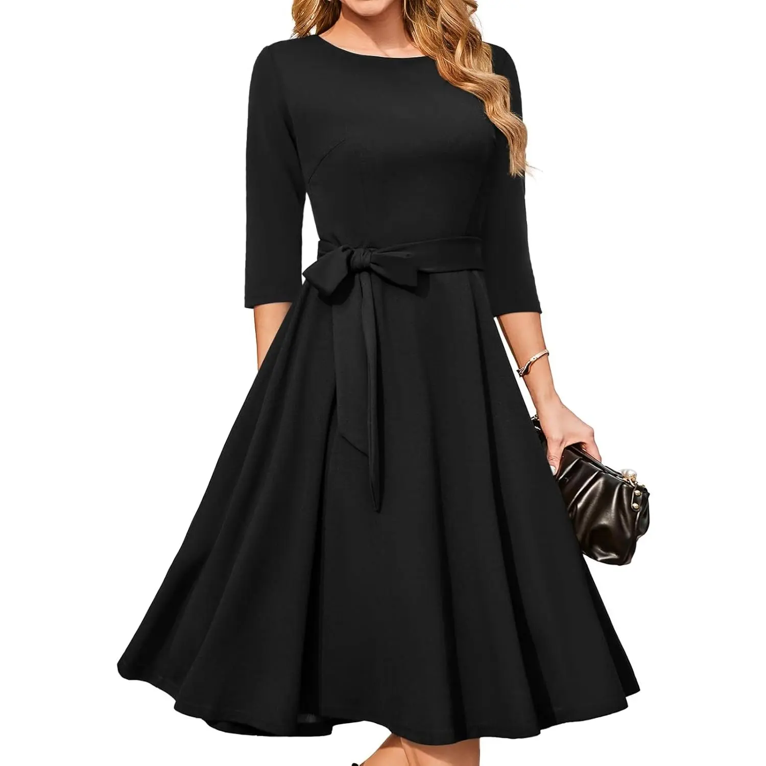 Women's Vintage Cocktail Dress 3/4 Sleeves Formal Wedding Guest Dress Elegant Church Holiday Party Dress with Belt