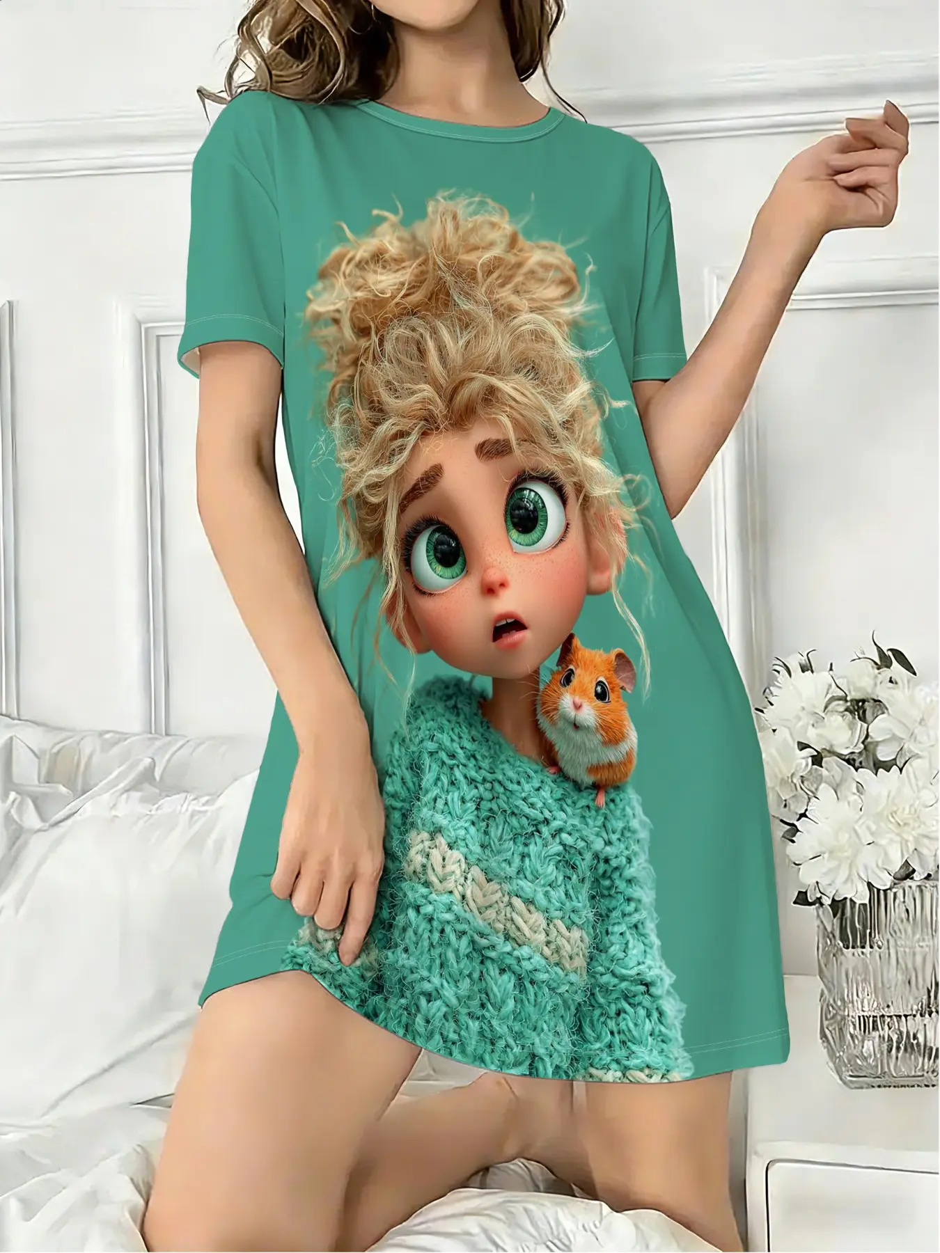 Women's Round Neck Short Sleeve Sleepwear, Loungewear, Dreamy Cartoon Cute Girl Front Back Printed Pajamas, Casual Home Wear All Seasons