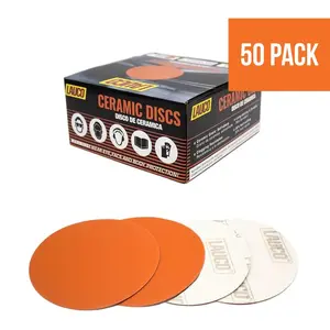 Premium 6" Hook and Loop Ceramic Sanding Discs, No Hole, (Box of 50) for Sanding on Fiberglass, Metals Non-Ferrous, Wood