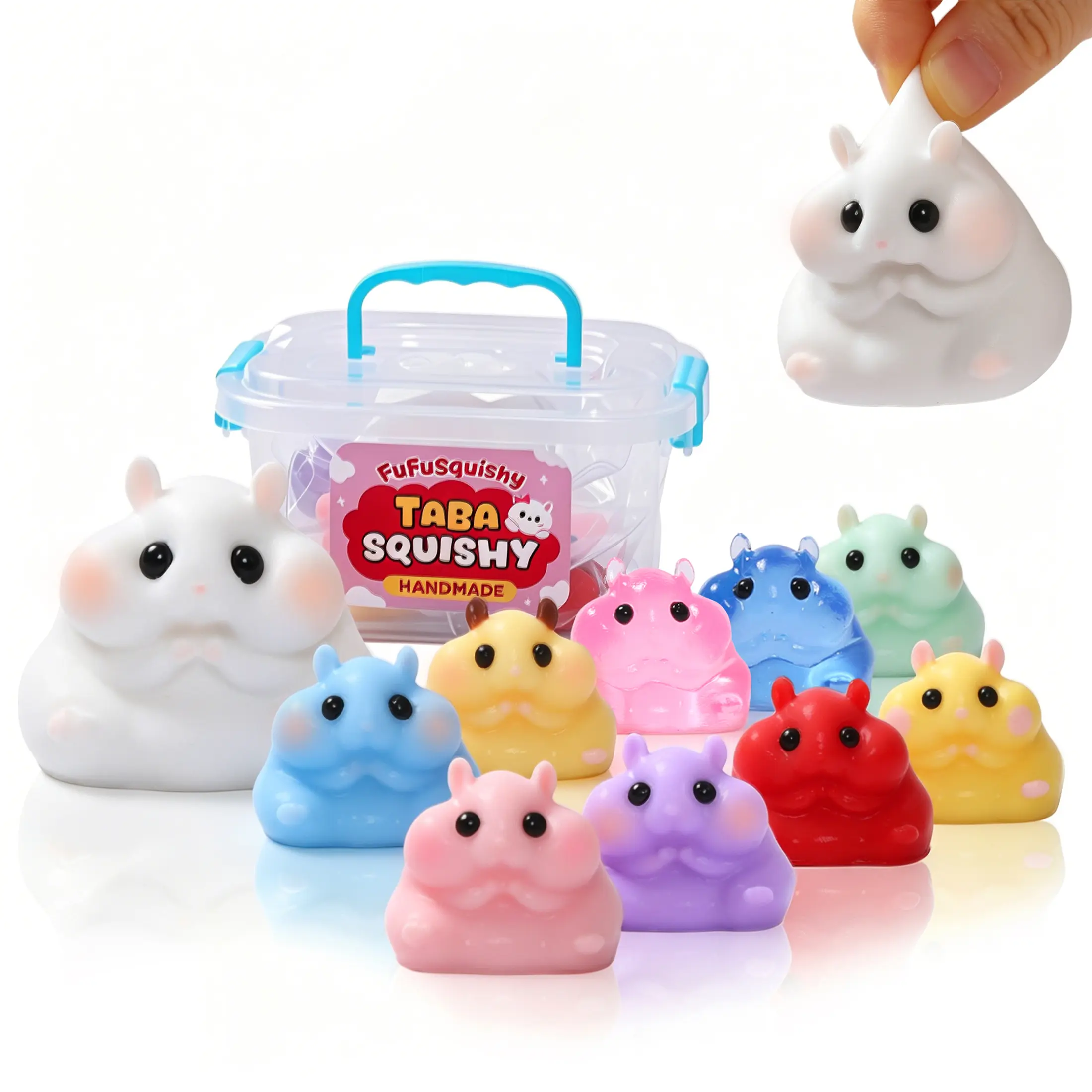FUFUSQUISHY 10 Pack Hamster Taba Squishy Set, 1 Large & 9 Mini Handmade Silicone Squishies with Storage Box, Kawaii Fidget Toys & Gifts