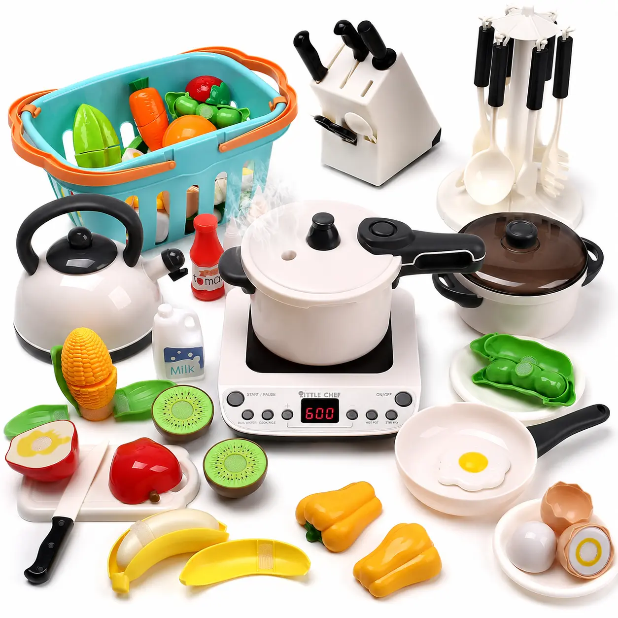Cute Stone Kids' Pretend Play Kitchen Toy Set - Electronic Induction Cooktop, Pressure Cooker, Frying Pan, Shopping Basket, Cookware, Cooking Utensils, Cuttable Food, Fruits, Vegetables (Batteries Required), Play Food Accessories, Light-Up Interactive Coo